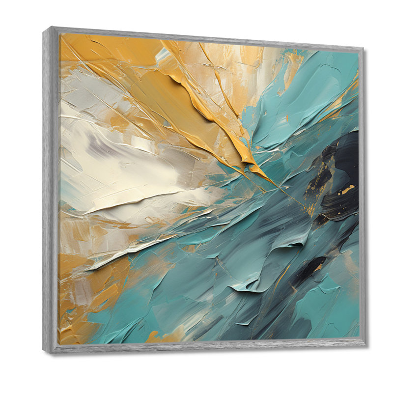 Joy of Peace, peinture abstraite or bleu clair - Art abstrait, 30" H x 30" W, Encadrement argenté