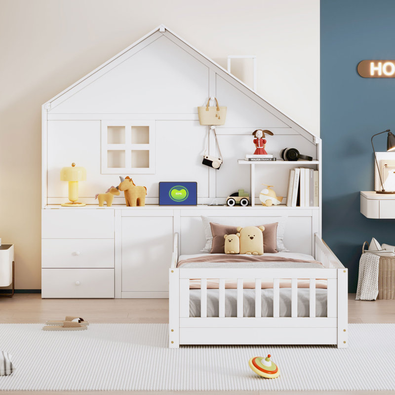 Twin Size House Platform Bed with Window, Bedside Drawers, Shelves, USB & Socket Ports for Kids, White