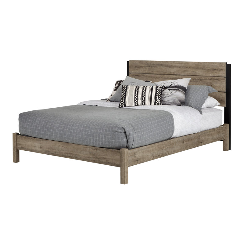 Weathered Oak Queen Platform Bed with Upholstered Headboard