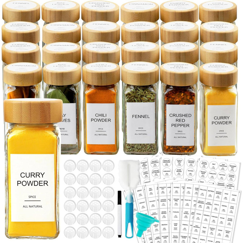 Pots à épices en verre avec 398 étiquettes, 24 contenants à épices 4 oz avec couvercles en bambou, bouteilles d'épices carrées avec couvercles à shaker, rangement pour épices pour armoire, tiroir, support, organisateur d'assaisonnement