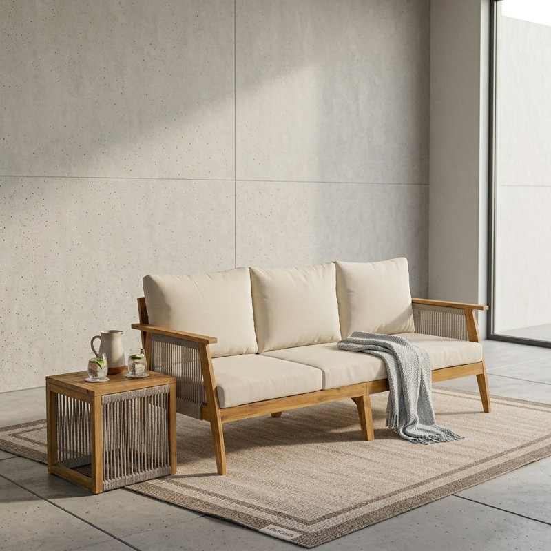 Canapé d'extérieur moderne 3 places en bois d'acacia et tissage de corde avec coussins amovibles
