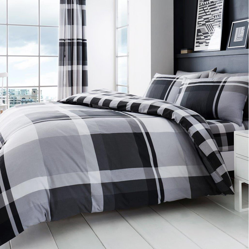 Check Pattern Polycotton Duvet Cover Set with Matching Pillowcases - Machine Washable Bedding Set, King, Grey