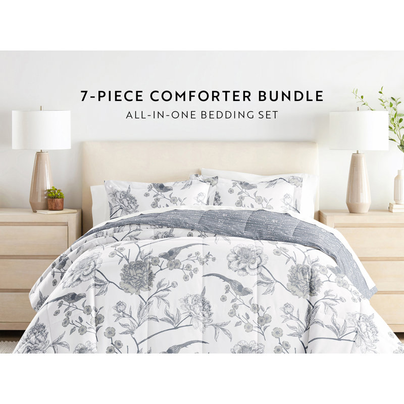 Full Blue Floral Microfiber Comforter and Sheet Set