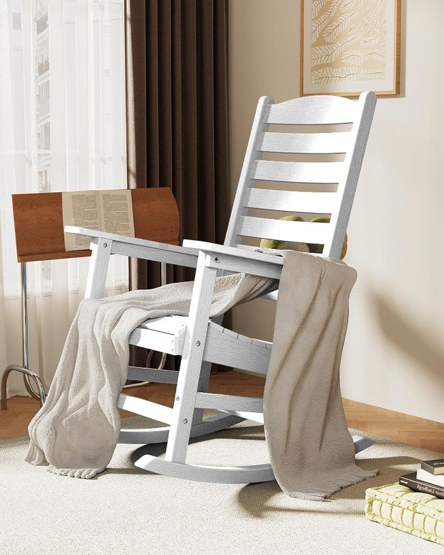 Chaise berçante d'extérieur à bascule d'extérieur toutes saisons avec dossier courbé pour terrasse, jardin, jardin, blanc