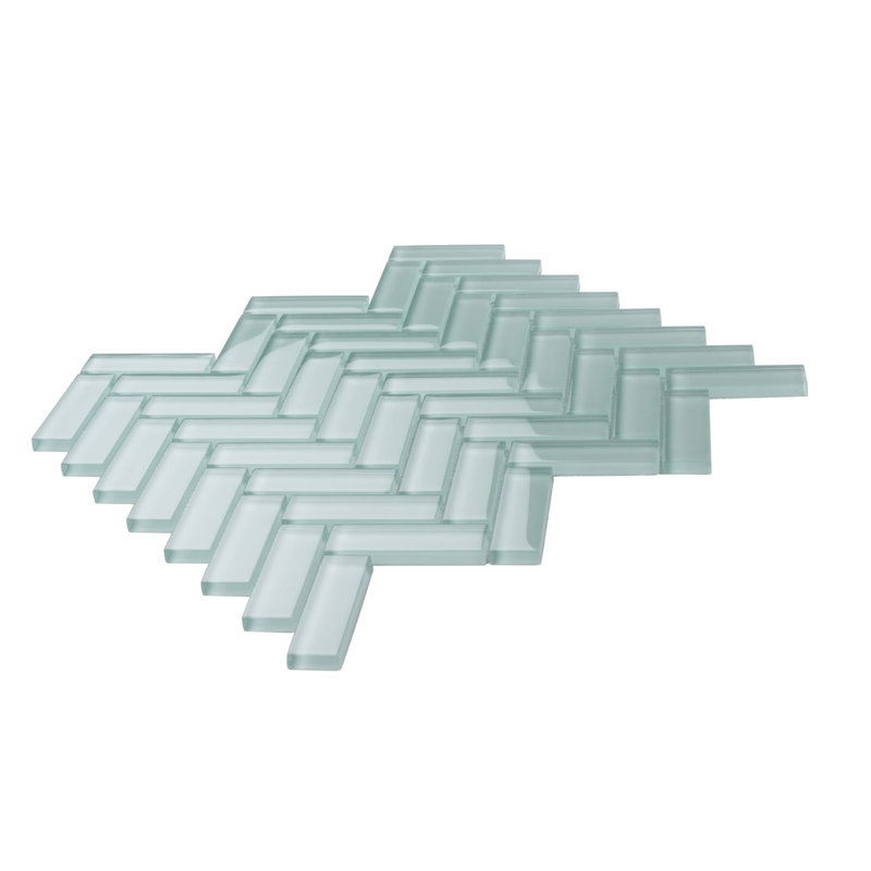 11"X 12.6" Herringbone Polished Glass Mosaic Tile, Aqua