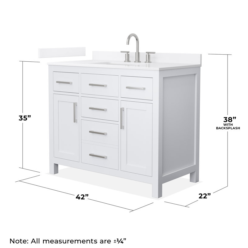 Beckett 42" Freestanding Single Bathroom Vanity with Quartz Top, White, Brushed Nickel, White Quartz