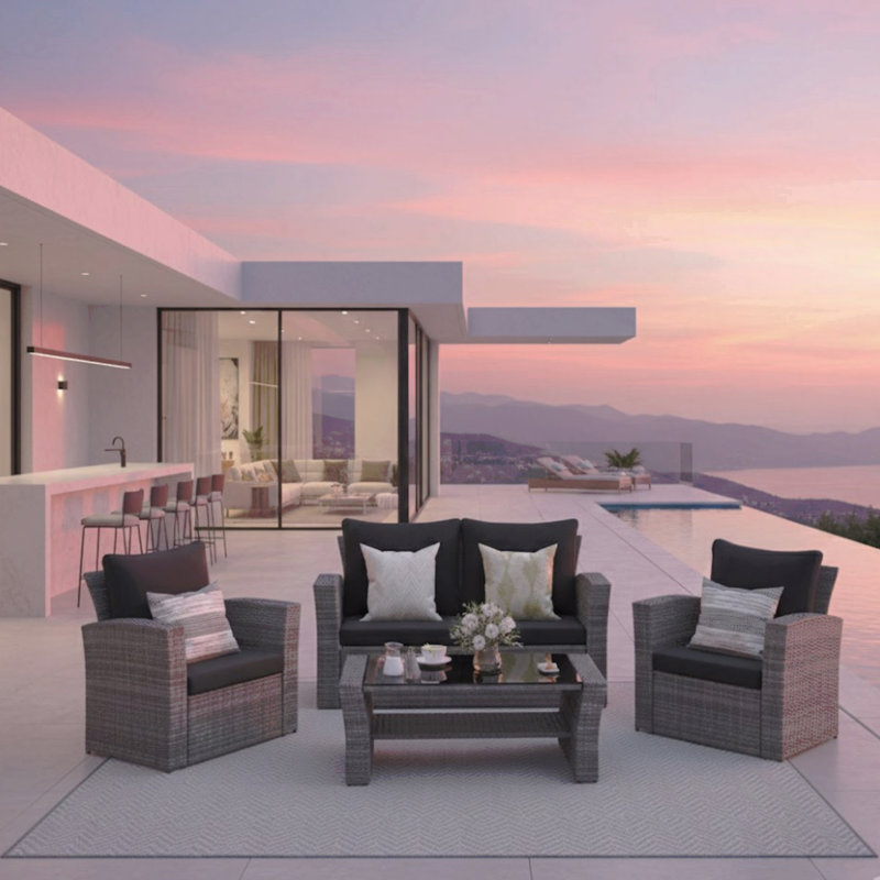 4-Piece Wicker Patio Conversation Set With Glass Table And Black Cushions, Black