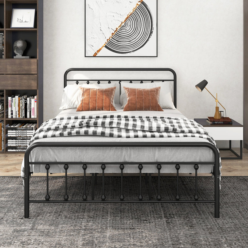 Queen Metal Bed Frame With Vintage Headboard, , Build, And Quiet Peaceful Sleep Frame, Noise , Design, Steel Slats, Under - Access
