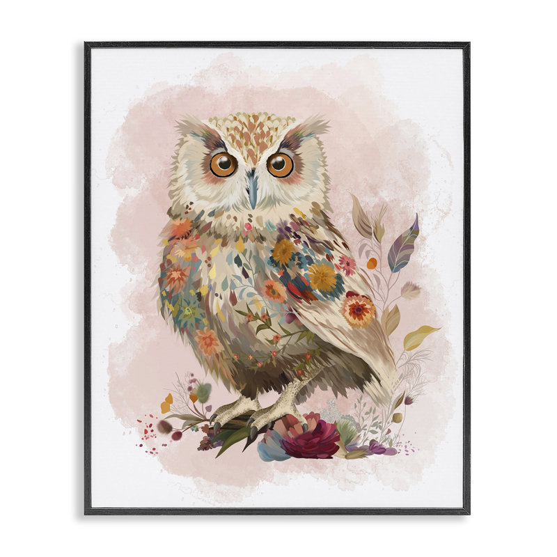 Hibou et fleurs sauvages, estampe numérique encadrée par Fab Funky, H 14 po x l 11 po, Giclée encadrée noir minuit