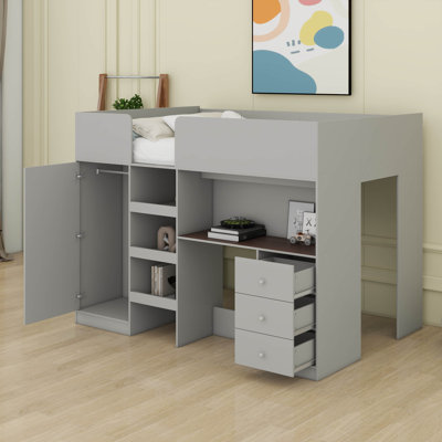 Lit mezzanine double avec bureau, structure de lit mezzanine double en bois avec garde-robe intégrée, tablettes de rangement et tiroirs