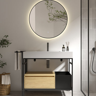 Meuble-lavabo de 36 pouces avec tiroir à fermeture en douceur, rangement ouvert et barre à serviettes réglable, avec structure en métal et accents de bois chauds.