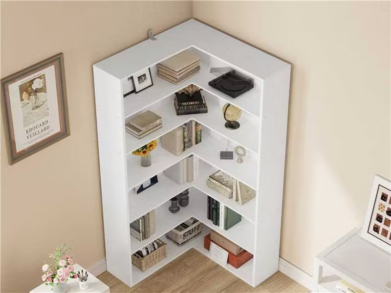 Corner Bookshelf With Baffles, 6 Tier Large Corner Shelf Storage Display Rack For Living Room Home Office, White