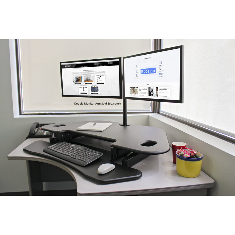  46 in. Beige Height Adjustable Corner Standing Desk Converter Dual Monitor Riser with Gas Spring Assist System, Beige