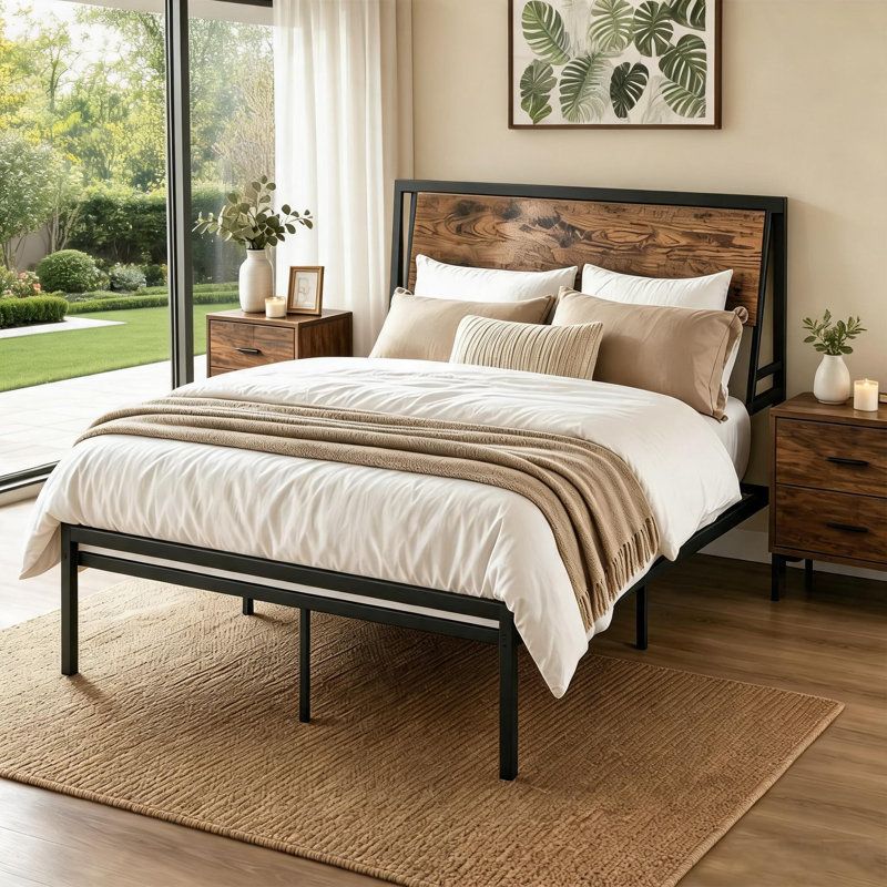 Structure de lit plateforme pleine grandeur en métal avec tête et pied de lit - Support silencieux durable, rangement sous le lit, mobilier de chambre à coucher moderne, assemblage facile, aucun sommier nécessaire