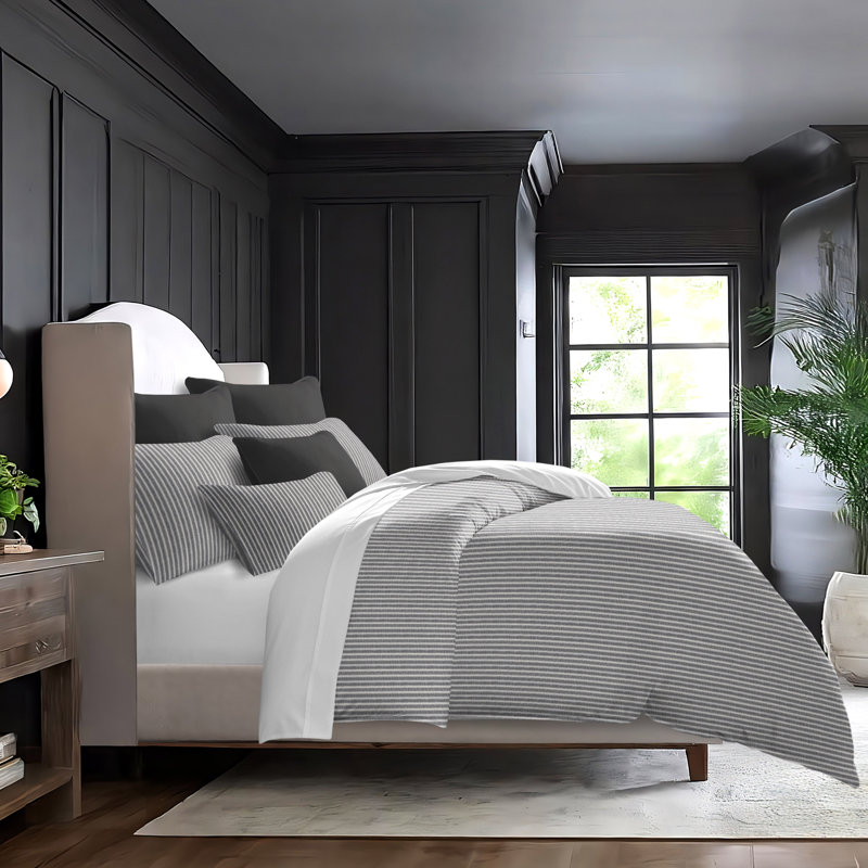 Walker Ticking Stripe Indigo/White Cotton Coverlet Set, Super Queen Coverlet / Bedspread + 2 Queen Shams, Iron/Ivory