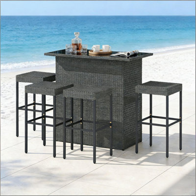 Bar Height Pool Furniture Set,Outdoor Table And Chairs,5 Piece Rattan Wicker Bar Set