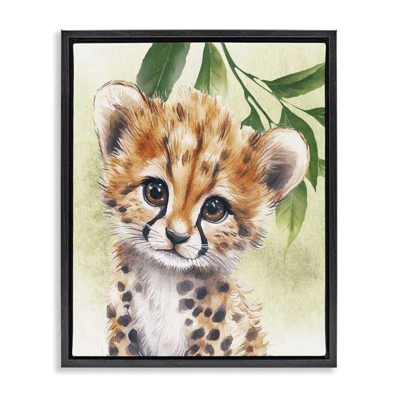 «Jungle Friends Baby Cheetah Floater», art mural par Christine Simpson, H 31 po x l 25 po, Cadre flottant noir de jais