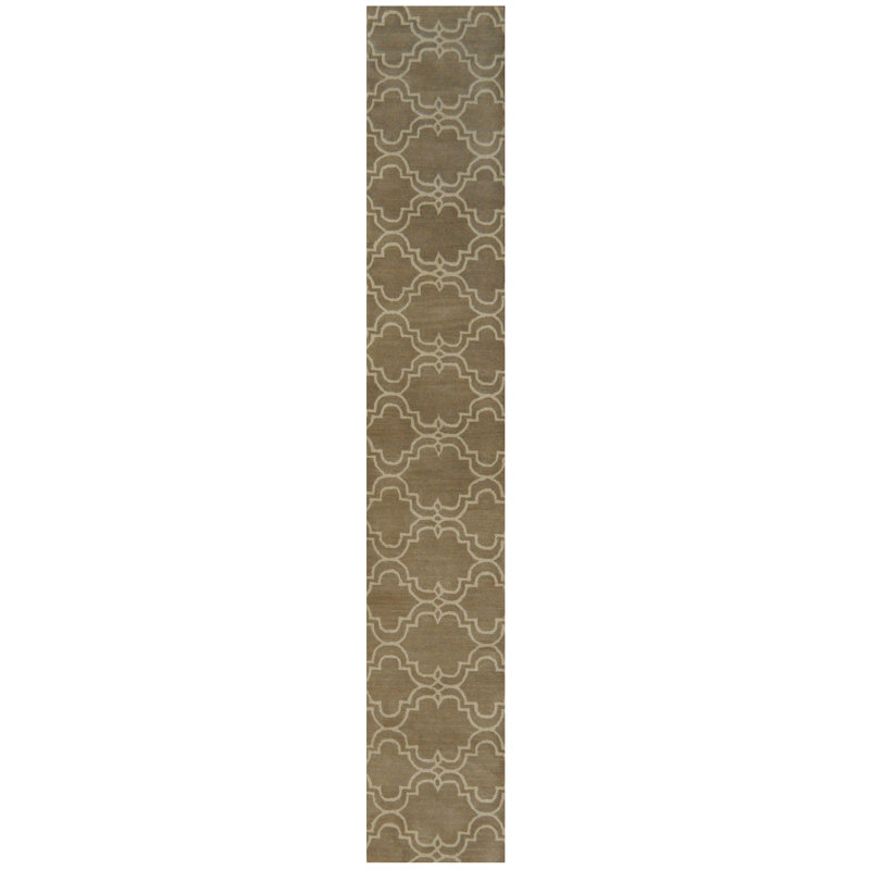 Tapis de couloir brun clair en laine noué à la main de conception unique 2 pi x 12 pi