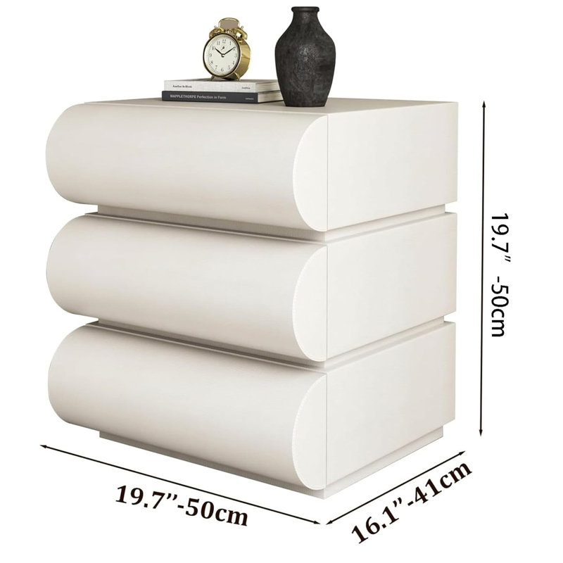 Modern Cream Leather-Wrapped Solid Wood 3-Drawer Nightstand Set of 2 - Italian Minimalist Design for Bedroom - Luxe & Durable