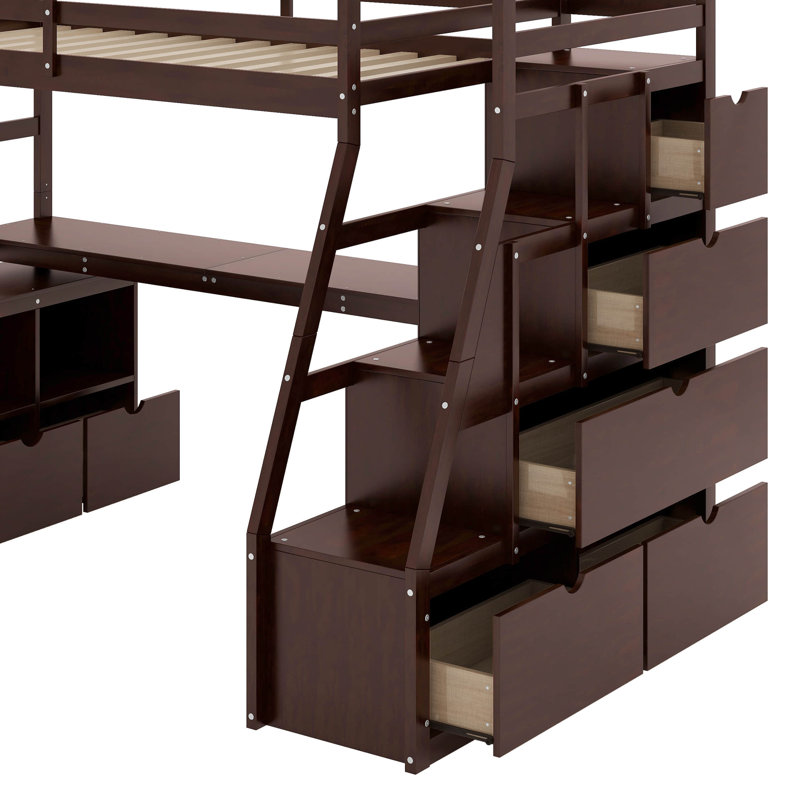 Lit mezzanine simple avec 7 tiroirs, tablettes et bureau, Espresso
