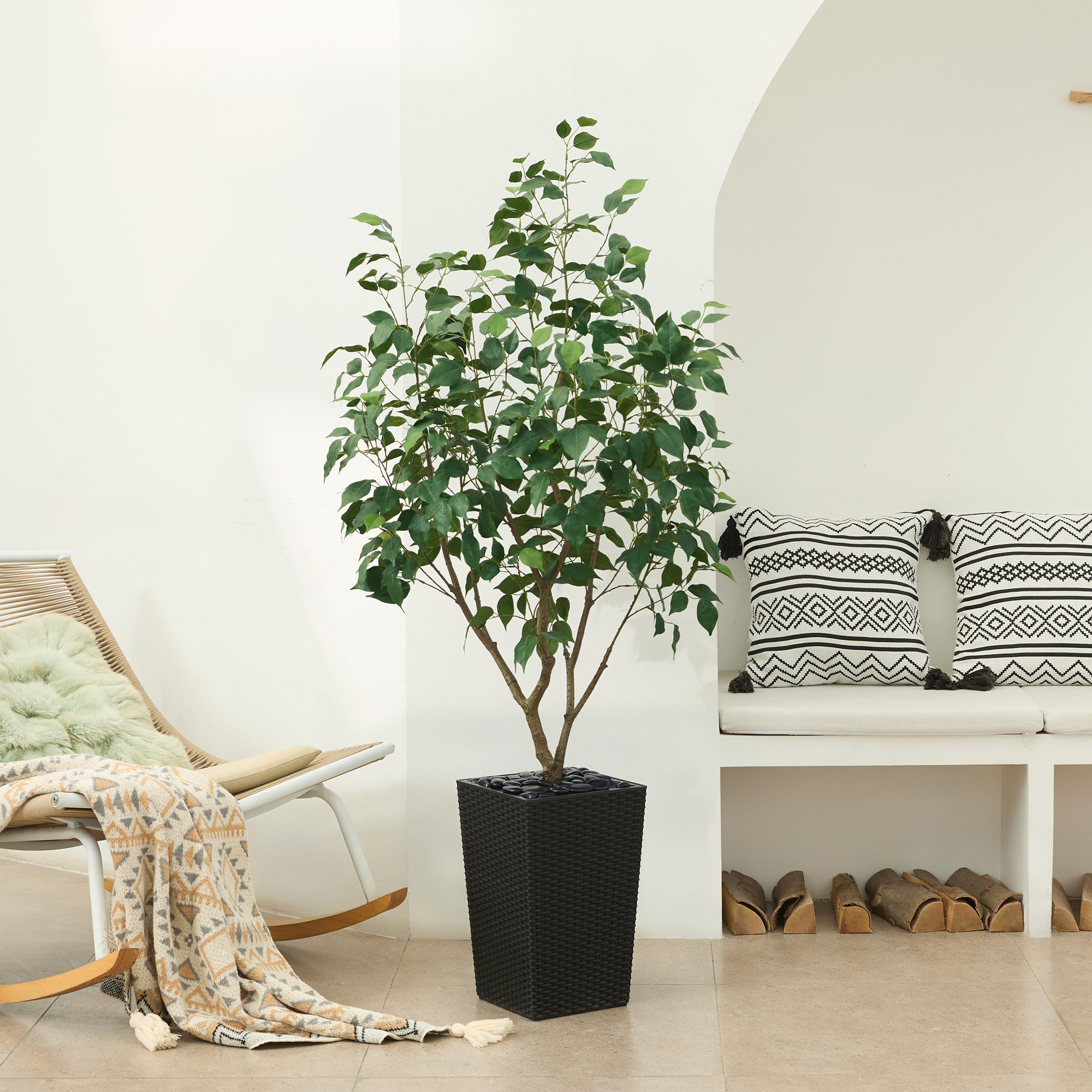George Artificial Ficus Tree, UV Protected Faux Greenery with Huge Decorative Base for Indoor Outdoor, 60" H x 20" W x 20" D