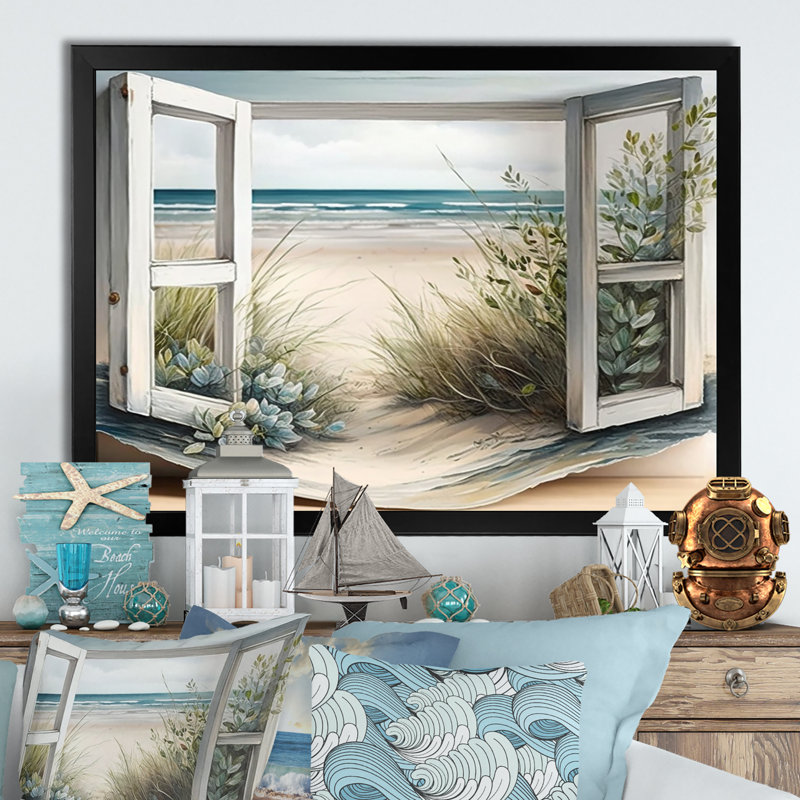Fenêtre sur la plage V - art mural plage côtière, H 12 po x l 20 po x P 1 po, Cadre simple noir