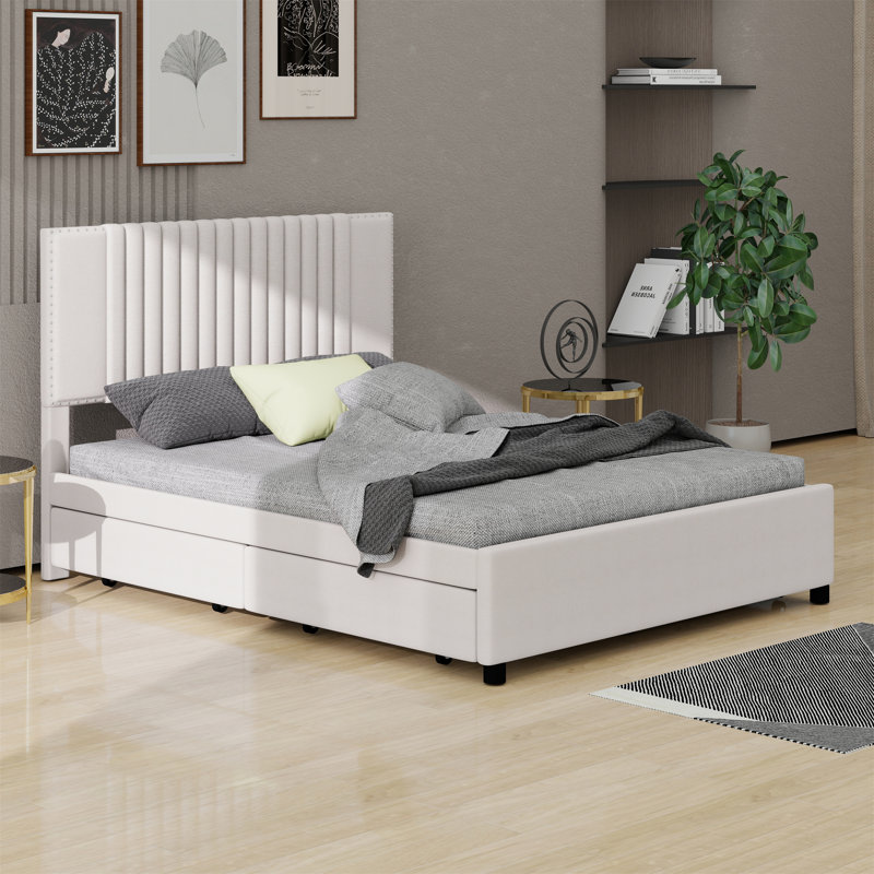 Lit plateforme tapissier avec 2 tiroirs et lit gigogne, tête de lit classique, Beige, Double