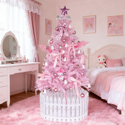 6ft. Christmas Tree Pink Premium Holiday Pine Branches witn Clear Lights and Small Ornaments