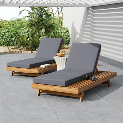 Erich Patio Acacia Wood Chaise Lounge With Adjustable Backrest & Triple-Fold Cushion