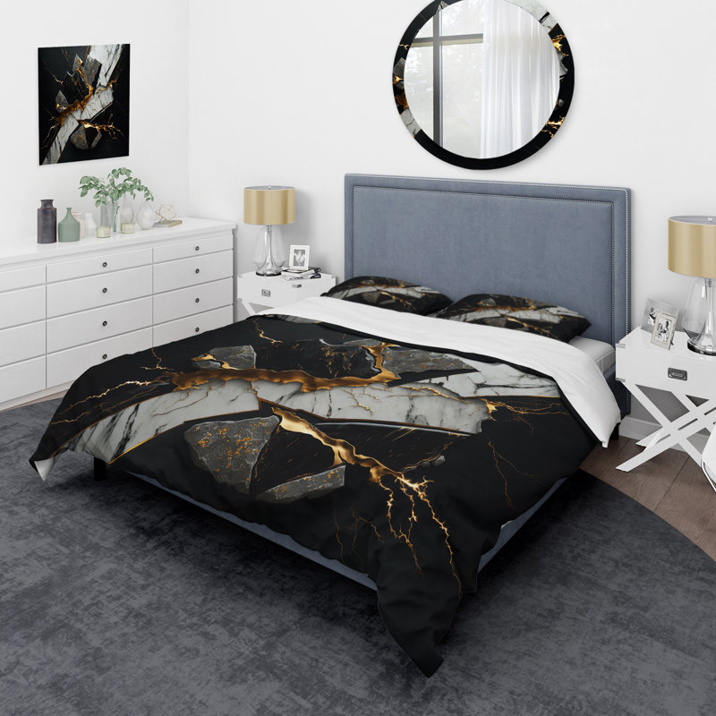 Abstract Geode Black III - Ensemble de housse de couette moderne - Microfibre de polyester