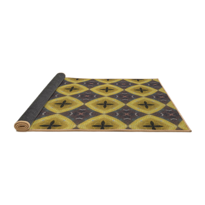 Tapis jaune/brun/gris à motifs Horasan, Rond 4 pi