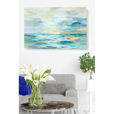 Bleu pastel, horizon, coups de pinceau, paysage marin, impressionniste, bleu, bleu sarcelle, cyan, vert jaune, or, océan, doux, tranquille, coloré