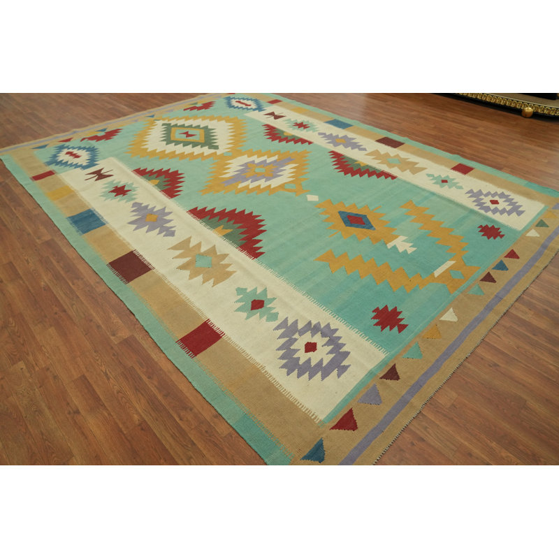 Tapis oriental bleu Kilim à motif géométrique turquoise 9 x 12