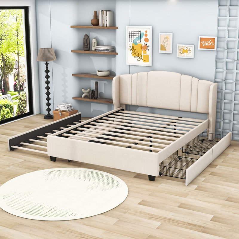 Grand lit plateforme tapissier avec tiroirs de rangement, lit gigogne simple et tête de lit à oreilles Ganelle, Beige