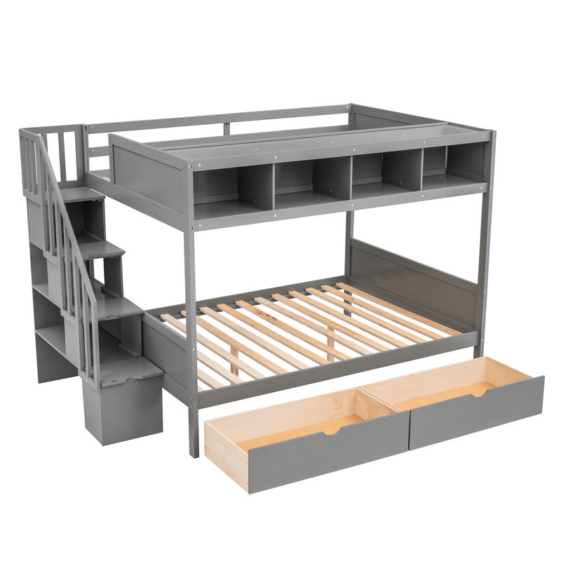 Twin Over Full Bunk Bed In Gray With Shelf, 2 Drawers & Storage - A Safe And Practical Bedroom Design Shelves, Staircase Drawer. Suitable For Adults