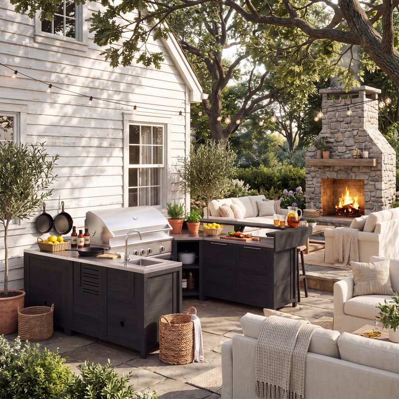 Ensemble de cuisine extérieure en cèdre noir en forme de U, 6 pièces, avec évier, espace barbecue, double rangement d'angle et bar.