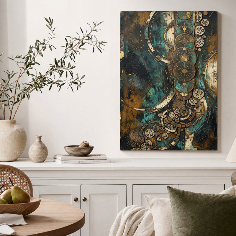 Tableau sur toile aux formes géométriques abstraites turquoise et or, 40"H x 28"W