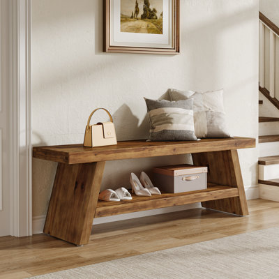 2-tier Solid Wood Entryway Bench, Indoor Shoe Bench Hallway Foyer Seating With Open Shelves