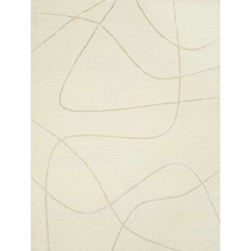 Tapis blanc et doré de haute qualité noué à la main, Rectangle de 10 pi x 14 pi