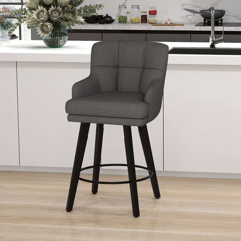 26''H Upholstered 360°Swivel Counter Height Bar Stools, Wood Legs Kitchen Island Chairs, Black Gray Seat/ Black Frame, 1