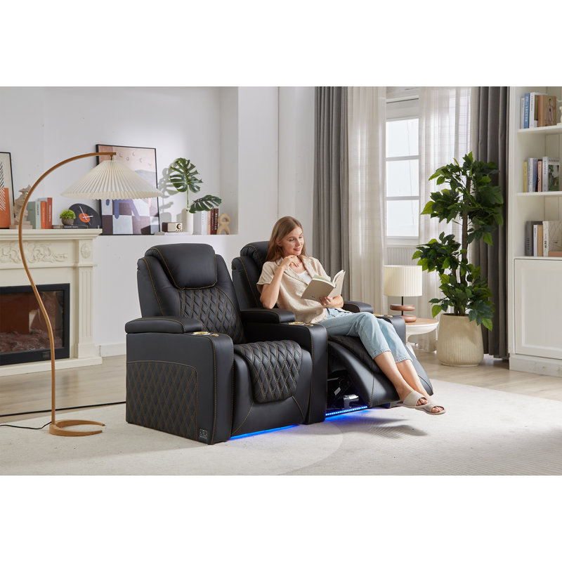 Awar 33.46" Genuine Leather Theater Seating Power Recliner Chair Movie Chair Gaming Seat with Tray Table, USB Charging, and Cup Holders