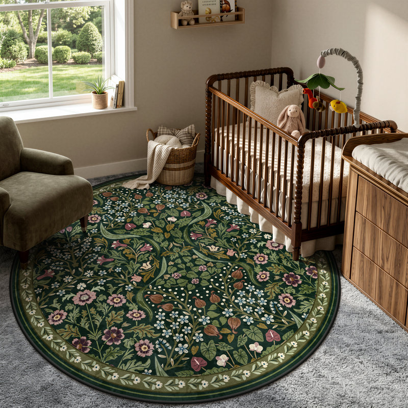 Tapis lavable à motif floral Kaldi, Vert, Rond 6 pi