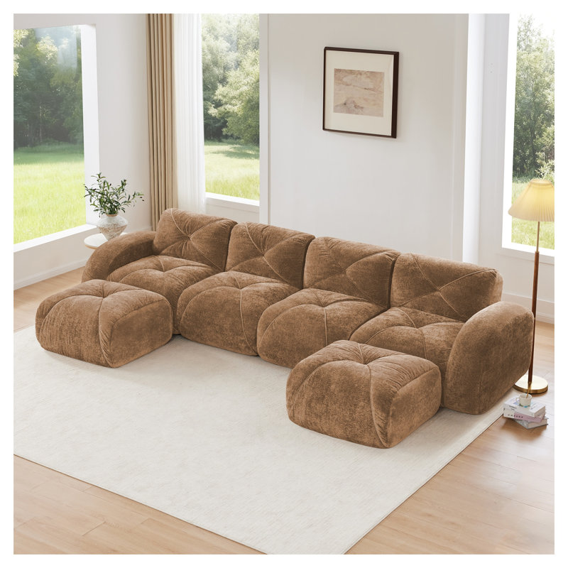 Canapé modulaire capitonné en velours Camel, Velours havane
