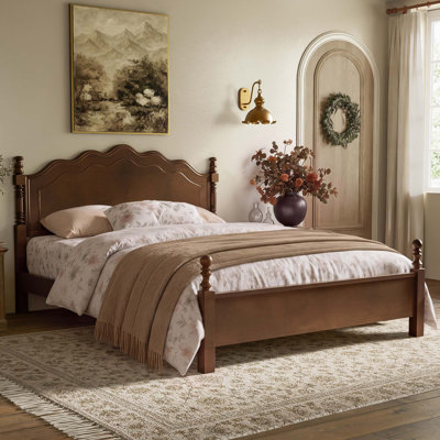 Classic American Vintage Style Wood Bed with Curved Headboard,Strong Support,No Box Spring Needed