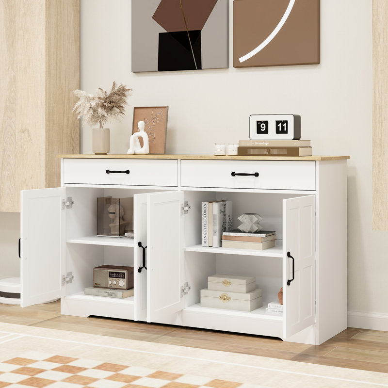 Buffet blanc avec 2 tiroirs et 4 portes, 57,15 po. Pour le salon. Armoire de fabrication fine, portes 57,15 po. Polyvalent et fiable