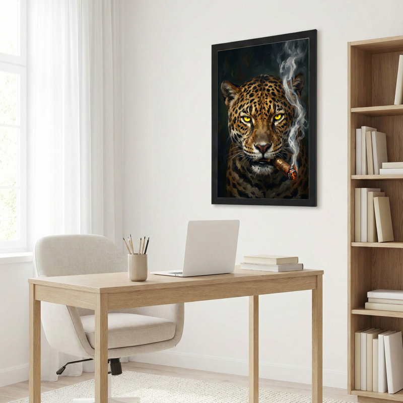 Natural Wood Framed,Canvas Wall Art for Living Room, Bedroom, Office or Entryway – Decorative Wall Decor with Leopard Cigar