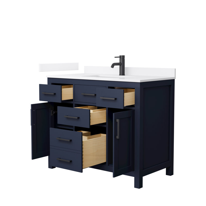 Beckett 42" Freestanding Single Bathroom Vanity with Quartz Top, Matte Black, White Quartz, Dark Blue