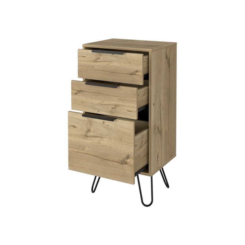 Commode légère Skyoner, pieds en épingle à cheveux, plateau supérieur, trois tiroirs, finition chêne clair
