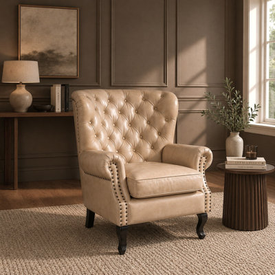 Genuine Leather Upholstered Armchair in Cream