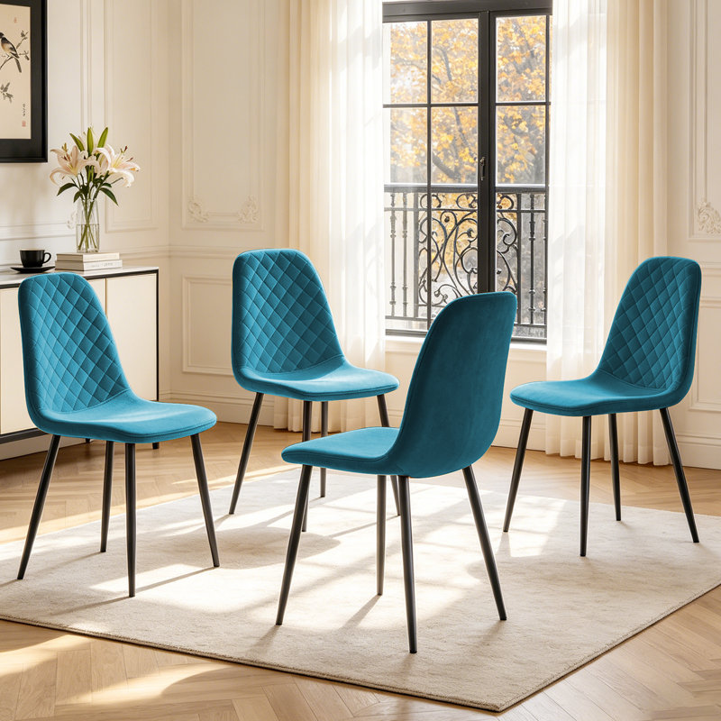 Velvet Upholstered Dining Chairs with Diamond‑Quilted Backrest and Sturdy Metal Legs, Dark Teal
